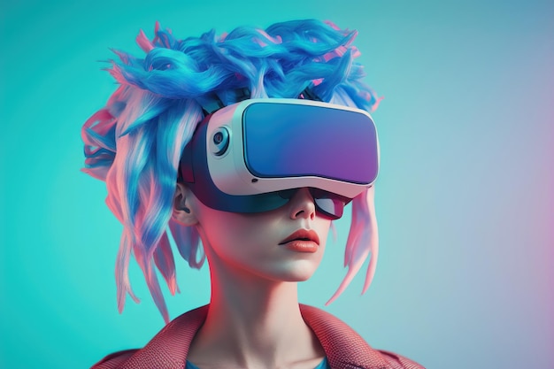 Moda mulher usando óculos VR com cabelo azul e rosa em fundo pastel AI Generation