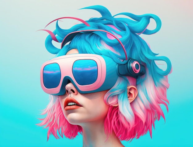 Moda mulher usando óculos vr com cabelo azul e rosa generativo ai