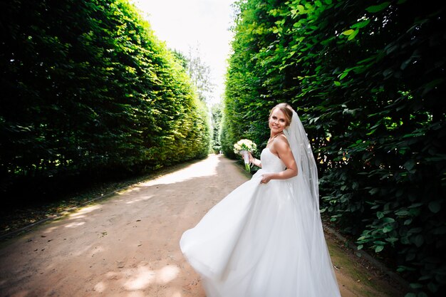 Moda noiva linda beleza, noiva mulher de vestido. Retrato de casamento maquiagem e penteado