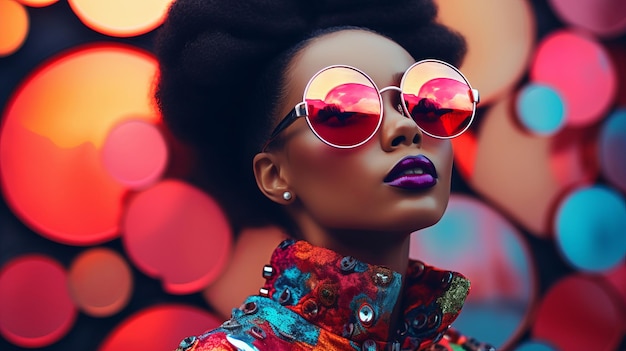 La moda retro futurista mujer negra con gafas de sol futurista chica de moda de arte pop con un fondo increíble