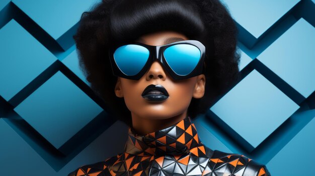 Moda retrô garota negra usando óculos de sol Mulher futurista de arte pop com fundo de padrão geométrico