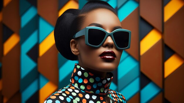 Moda retrô garota negra usando óculos de sol Mulher futurista de arte pop com fundo de padrão geométrico