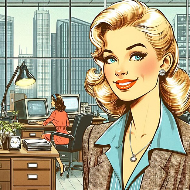 Modas dos anos 50 mulheres felizes e bem sucedidas dentro do escritório no local de trabalho ilustração