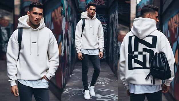 Foto modas de ropa masculina de estilo callejero con capucha blanca de moda