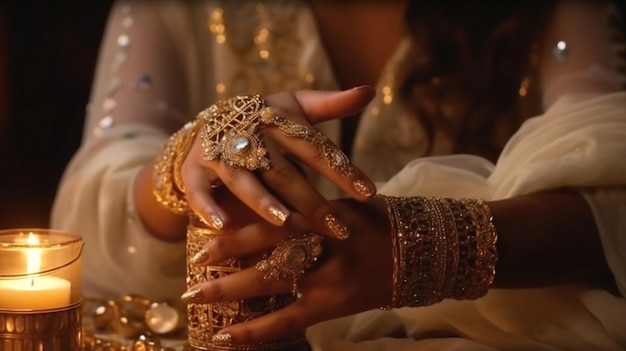Mode arabische Frauenhände mit Diwali-Kerzen-Feiertag