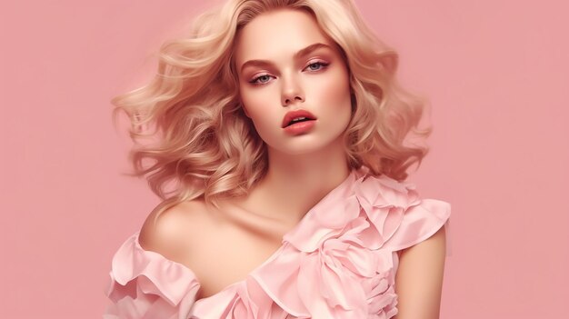 Mode blondes Mädchen in modischer Pose junge Schönheit isoliert auf luxuriösem rosa Hintergrund generative KI