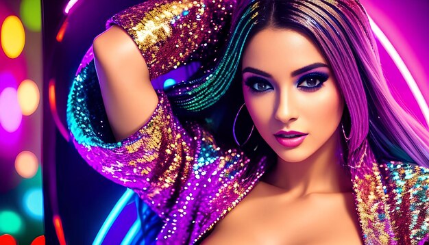 Foto mode-frau mit glänzendem glitter-make-up und farbenfrohen haaren auf neonlichtern fantasie generative ki