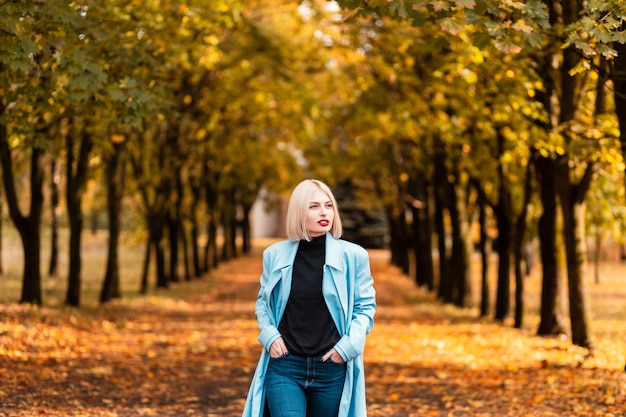 Mode junge Frau in blauem stylischem Mantel mit schwarzem Pullover und Jeans geht im Park mit gelben Herbstblättern