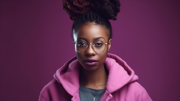Mode junges afrikanisches Mädchen schwarze Frau tragen stilvolle rosa Brille auf Party lila Studio-Hintergrund