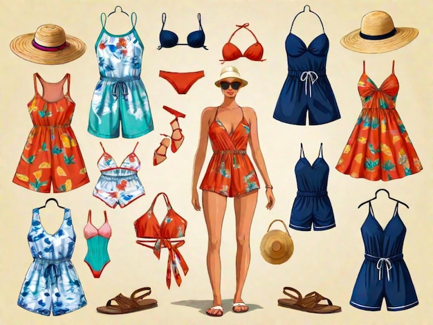 Mode Sommerkleidung Kleidung Clipart Flachkleid Badeanzug Textilien Urlaubskleidung Sonnenkleidung Set