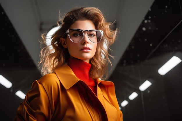 Modebewusste Frauen tragen eine Brille, während sie auf dem Podium stehen