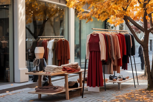 Modeboutique auf einer charmanten Herbststraße Frontansicht vom Bürgersteig mit der neuesten Herbstkollektion im Fenster