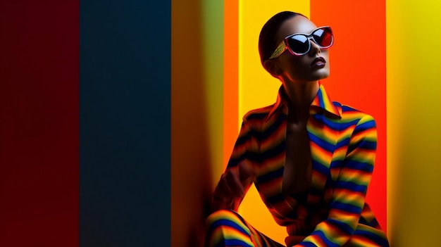 Foto modefotografie bunte frau mit buntem outfit in einer optischen kunst