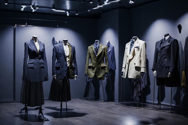 Modefotografie einer großen Kleiderkollektion, die in einer modernen Boutique hängt