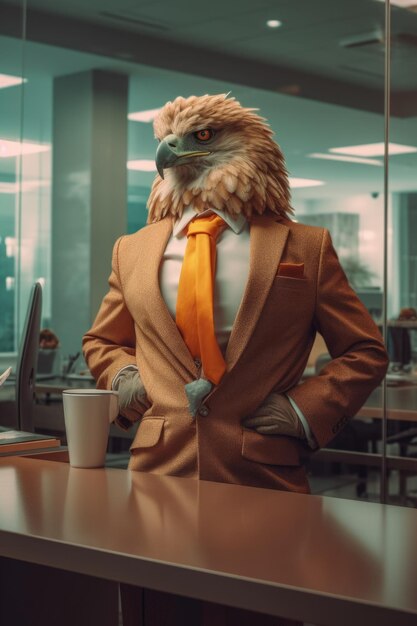 Modefotografie eines anthropomorphen Adlers, gekleidet als Geschäftsfrau im Büro