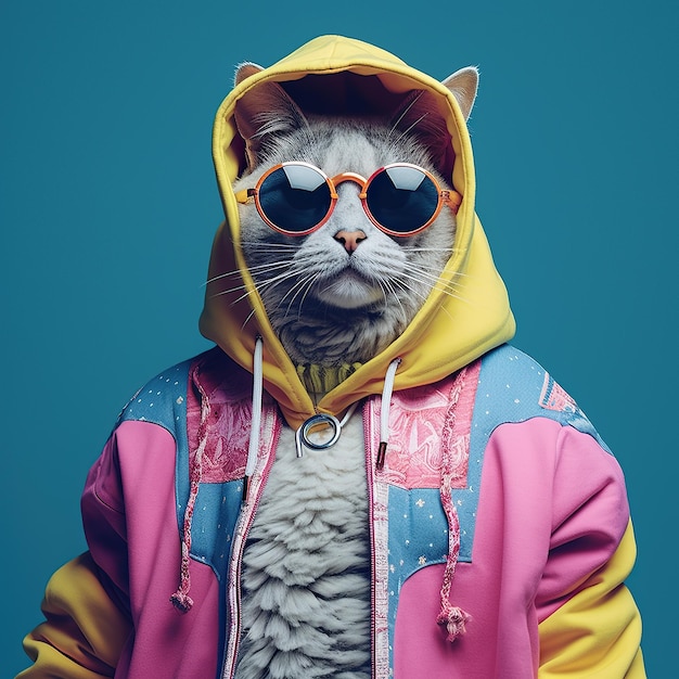 Modefotografie eines niedlichen anthropomorphen Hundes, der in großen Hiphop-Kleidern aus den 1980ern gekleidet ist, mit einer pastellfarbenen, iridescenten Palette, rosa, gelb, blau, violett, lebendigen Farben, generiert von KI