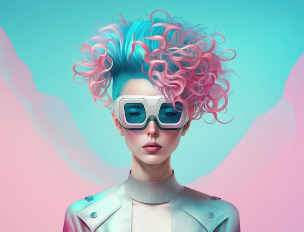 Modefrau, die eine vr-brille mit blauem und rosa haar generativer ai trägt