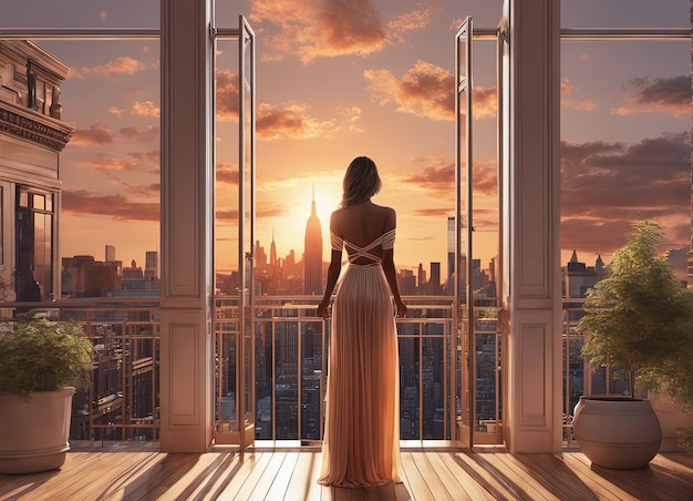 Modefrau mit langen Haaren im Kleid, die in der Nähe einer Großstadt mit Wolkenkratzern im Hintergrund steht. Mode w
