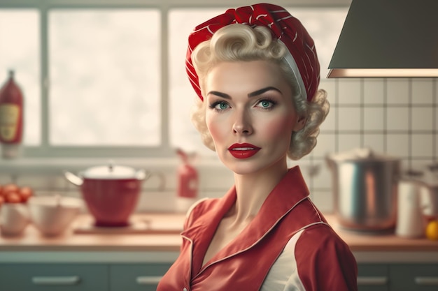 Foto modehausfrau im stil der 50er jahre, die in der küche kocht