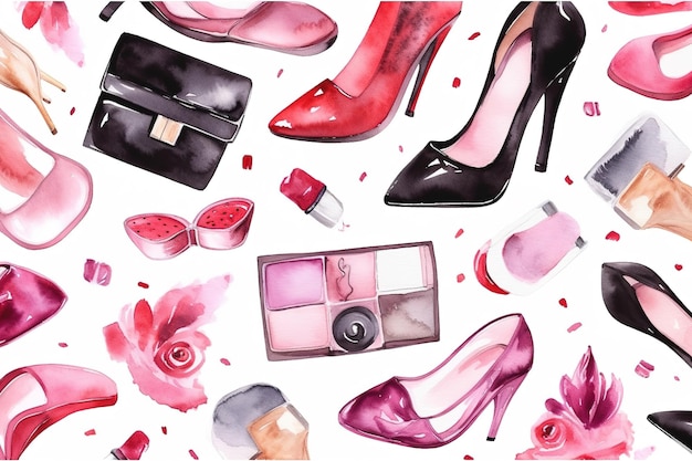 Modeillustration mit einer Reihe von Schuhen und Kosmetika.