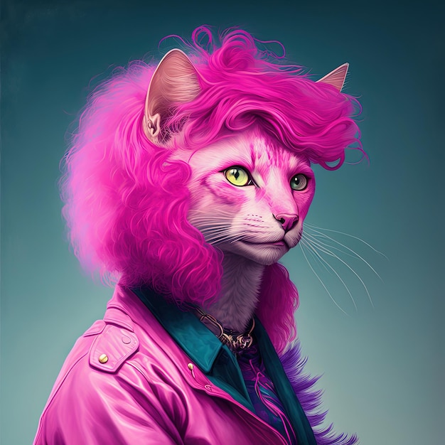 Modekatze mit rosa Haarschnitt in Jacke Pop-Stil-Porträt AI