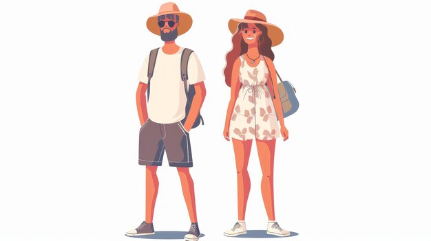 Modekleidung, trendige Kleidung, junges stilvolles Paar in Sommerkleidung, Mann in Shorts, Mädchen in Kleid und Sneakers, flache moderne Illustration, isoliert auf Weiß