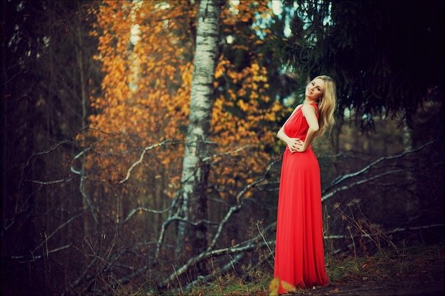 Modekunstfoto im Freien von jungen schönen Blondinen im langen roten Kleid umgab den Herbstlaub, der im Park im Freien ist. Herbstsaison Mode