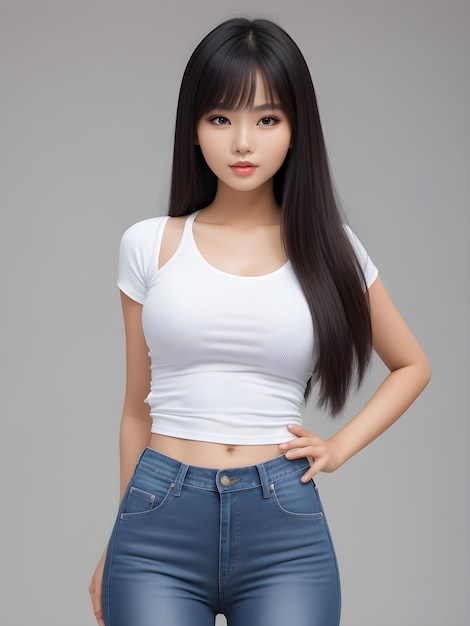 Model aus Japan, 20 Jahre alt, sie trägt taillierte Jeans und ein enges Hemd von AI Generative