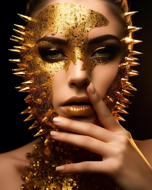 Model der königlichen Königin mit vollem Make-up und goldenen Nagelaccessoires auf Haut und Körper