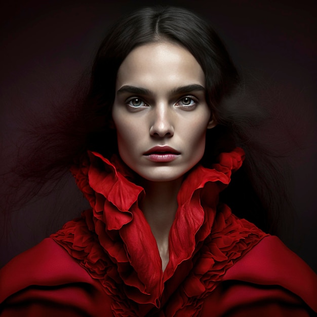 Model in einem roten Kleid, das vor dunklem Hintergrund in die Kamera schaut Generative KI