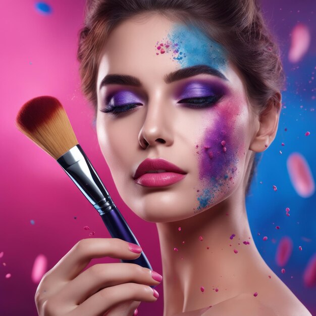 Model-Mädchenporträt mit buntem Puder-Make-up. Schönheitsfrau mit hellem Farb-Make-up