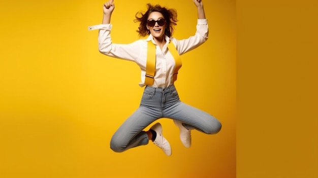 Model springt auf gelben Hintergrund, gelbe Bluse, weiße Hose, tanzt, springt Schuhe