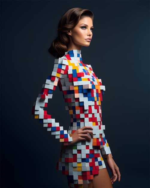 Model trägt 8-Bit-Kleid, Hautecouture, Vogue, 8 Bit, minimal, 3D-Würfel, abstrakt