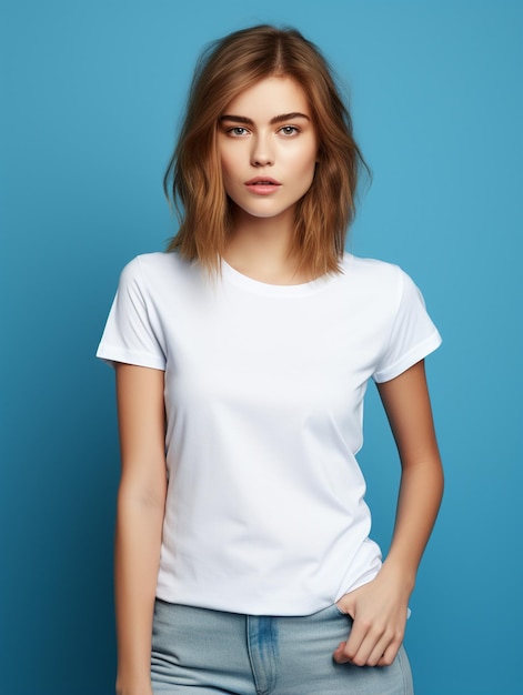 Model trägt ein weißes T-Shirt mit einem weißen T-Shirt