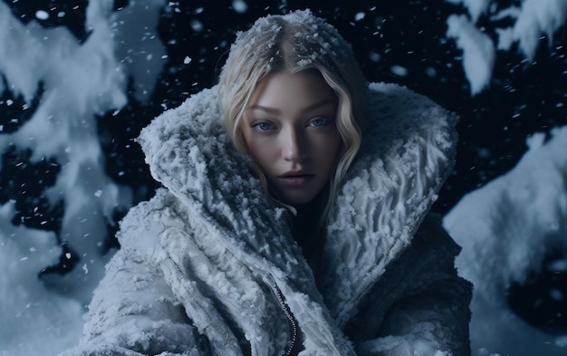 Model trägt Warn-Designerkleidung im Schnee