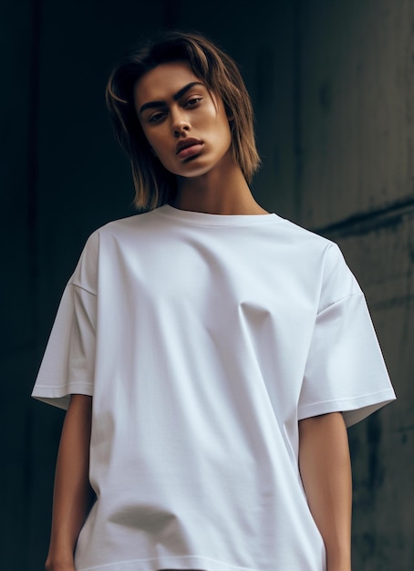 Model trägt weißes T-Shirt. Hochwertiges Modell