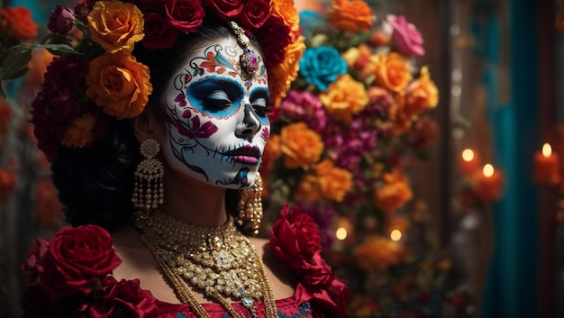 Modelado 3D de La Catrina Dia de los muertos sombrero de flores