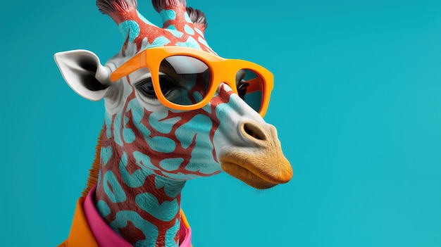 Modelado 3D de una jirafa colorida con gafas de sol naranjas sobre un fondo azul