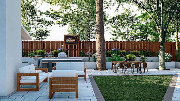 Modelagem 3D e renderização de design de quintal de luxo