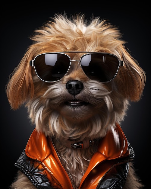 modelagem 3D hiperrealista de um cachorro Shih Tzu usando óculos escuros em um fundo limpo