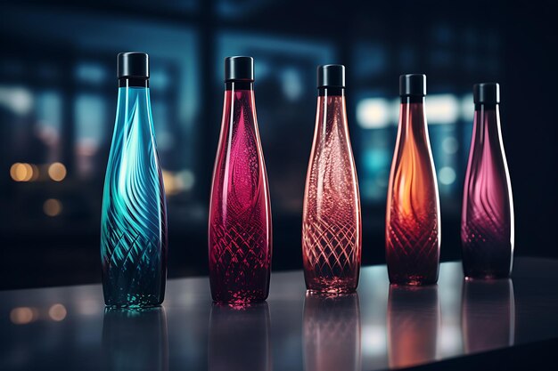 Foto modelagem cosmética de garrafas de plástico modernas com designs criativos elegantes e fluídos