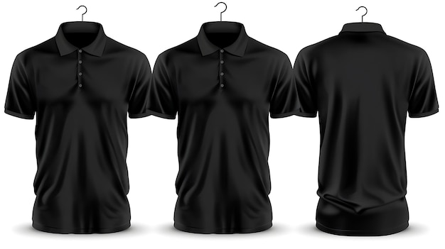 Foto modelagem de camisa polo preta pendurada em um gancho de frente e de trás desenhe sua própria camiseta ilustração vetorial
