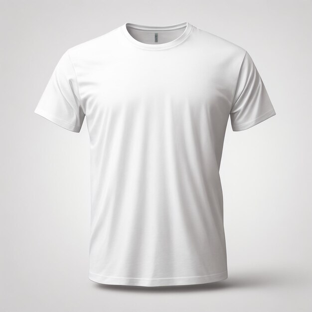 Foto modelagem de camiseta branca à moda camiseta masculina renderizada em 3d com rótulo de escote redondo isolado no fundo vista frontal modelo de roupa elegante para publicidade de impressão de design roupas texturizadas