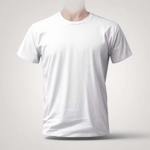 Foto modelagem de camiseta branca à moda camiseta masculina renderizada em 3d com rótulo de escote redondo isolado no fundo vista frontal modelo de roupa elegante para publicidade de impressão de design roupas texturizadas