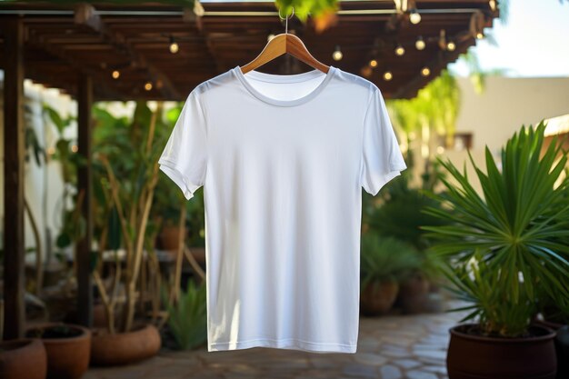 Modelagem de camiseta de algodão branco em cabide ao ar livre com fundo de céu e natureza AI Generative