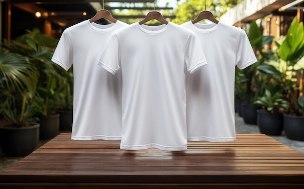 Foto modelagem de camiseta de algodão branco em cabide ao ar livre com fundo de céu e natureza ai generative