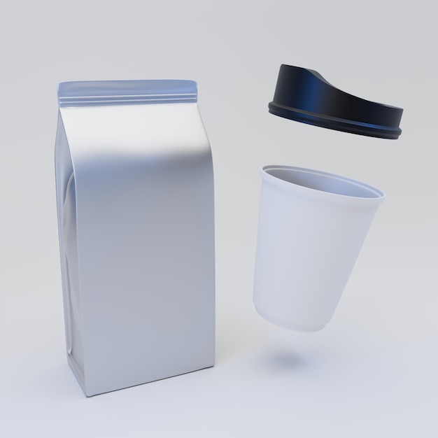 Modelagem de embalagem de bolsa de alumínio e xícara de café Perspectiva de vista frontal isolada em fundo branco
