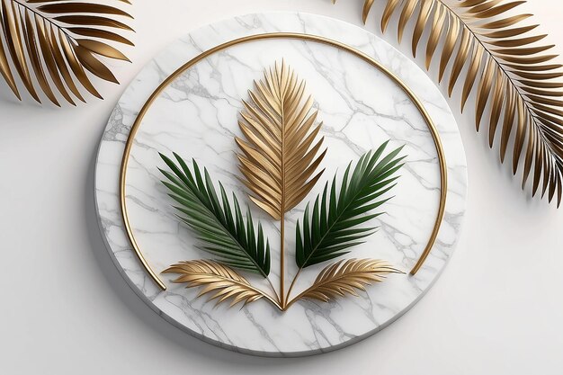 Modelagem de logotipo de luxo em mármore circular com folhas de palmeira em fundo branco renderização 3D