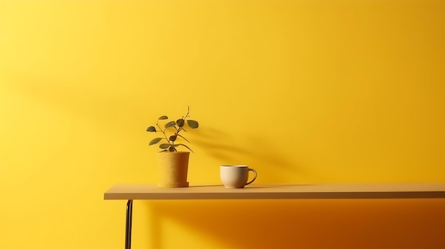 Modelagem de mesa amarela em fundo amarelo com sombras de ramos na parede AI Generative