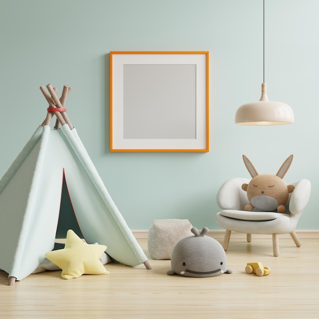 Modelagem de moldura de cartaz na sala das crianças em fundo interior azul3d renderização